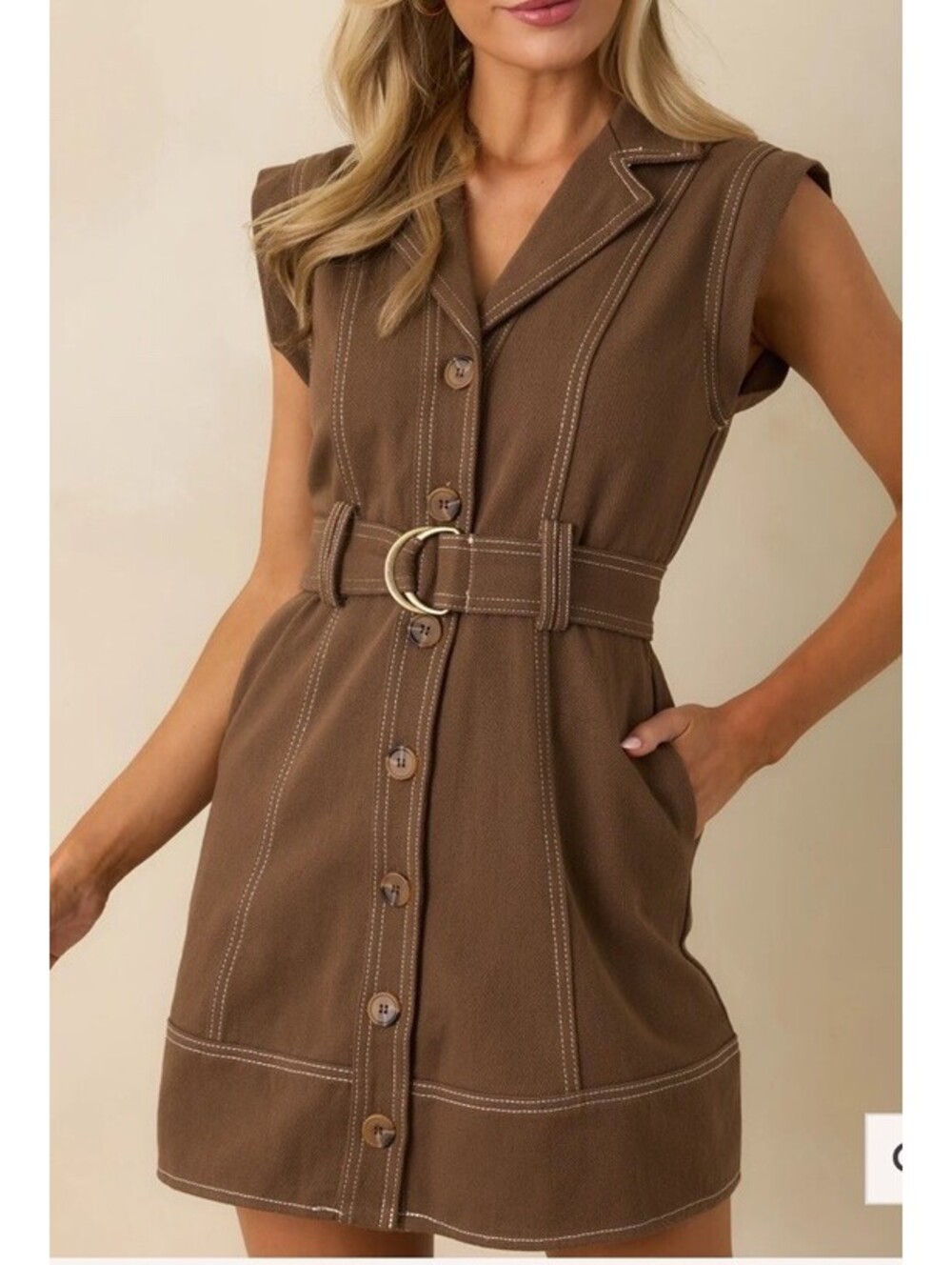 Entro Cotton Denim Collared Belted Brown Mini Dress Small Retail $70 Classic